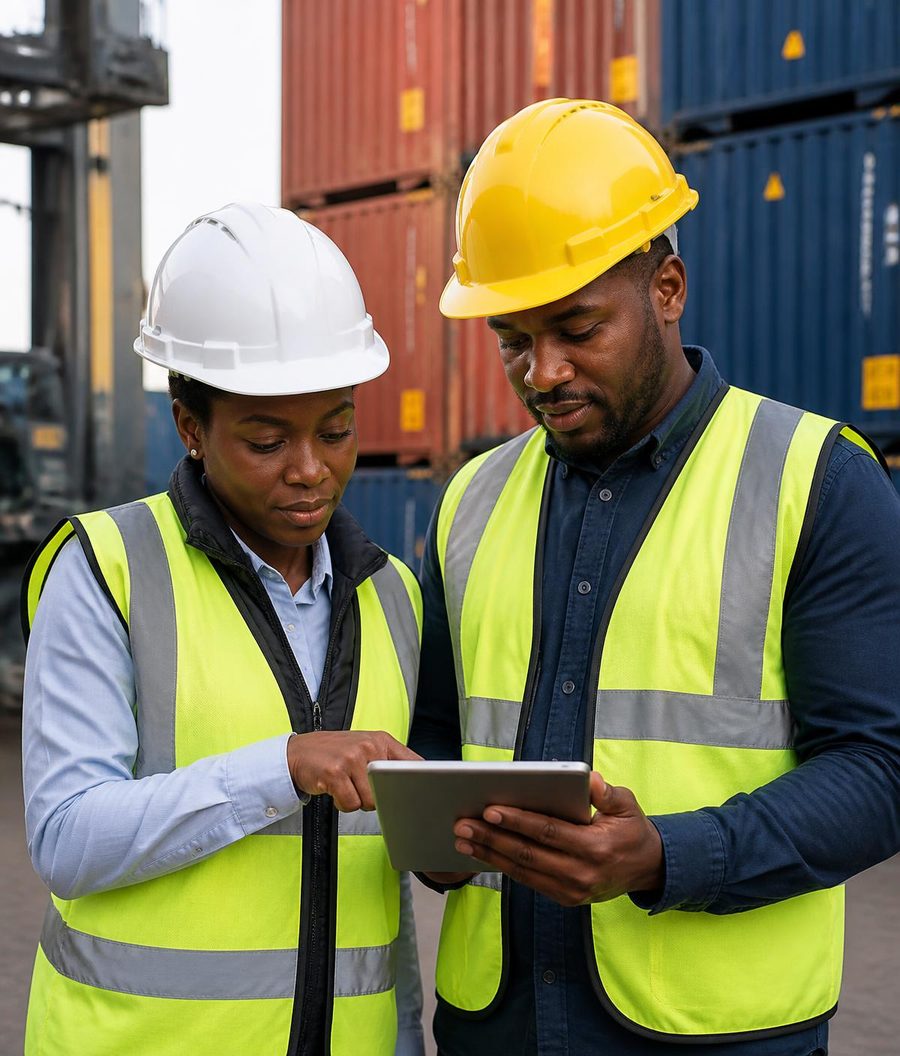 Logistics professionals in safety gear reviewing shipment details in a container yard